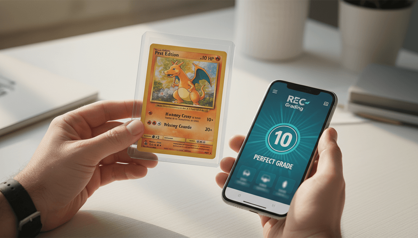 Hands holding a premium Pokémon card above a smartphone showing the REC Grading app with an AI grading result
