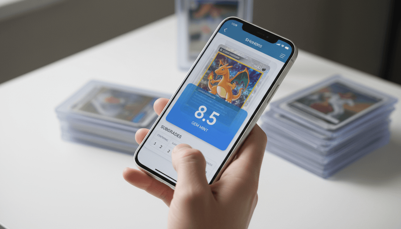 Smartphone displaying a graded trading card through REC Grading's app interface