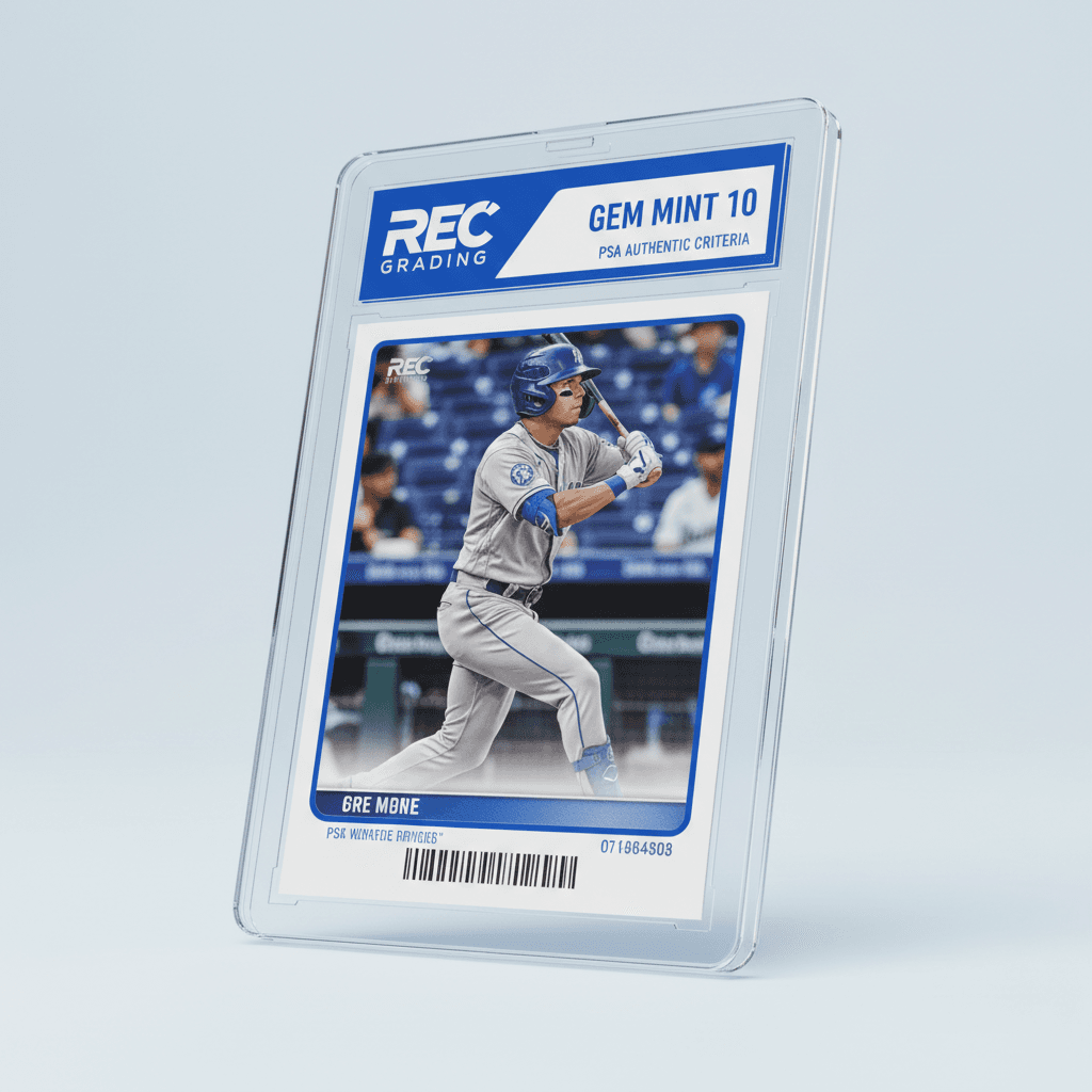 Digitally rendered PSA style card with blue and white design showcasing a high-grade score and REC Grading logo