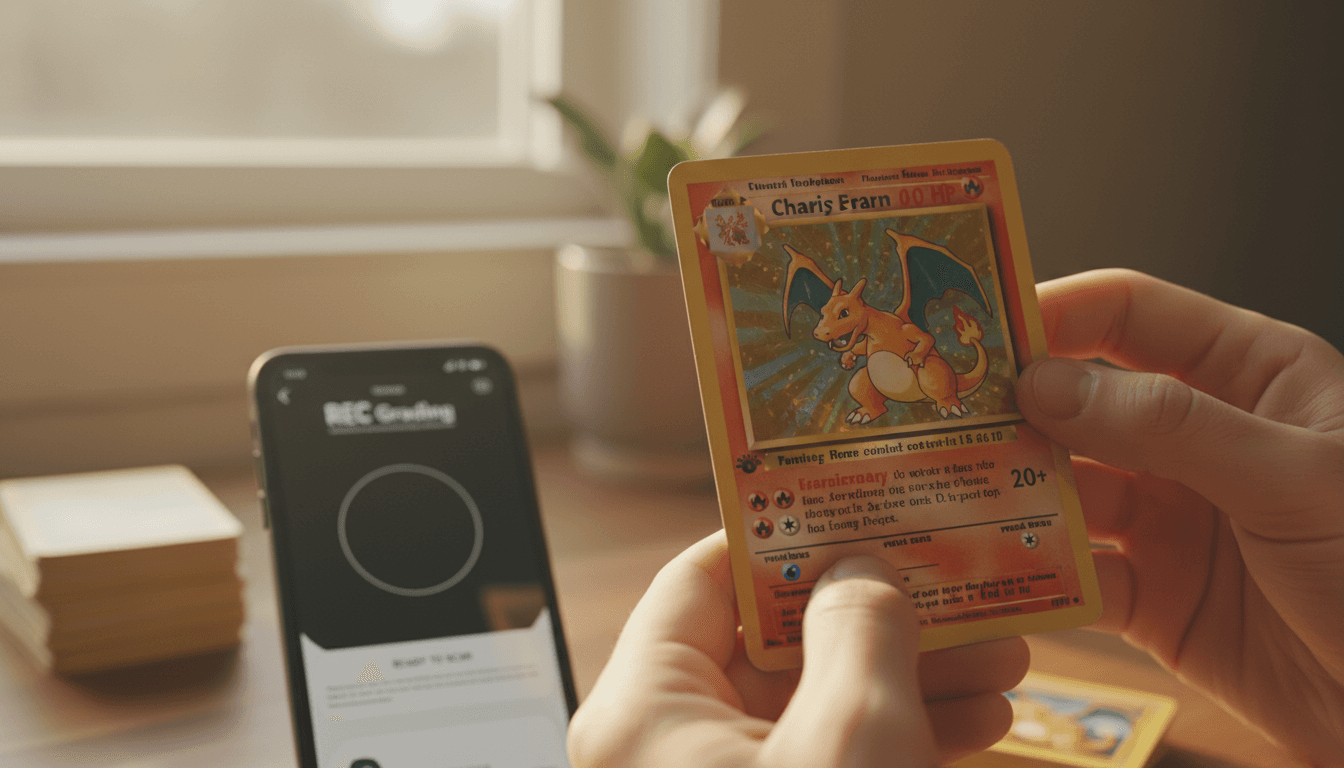A collector's hands holding a Pokémon card with REC Grading app visible on a smartphone nearby