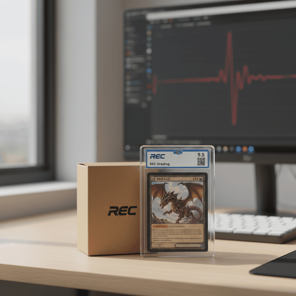 Small brown box next to a REC Grading card slab with 9.5 grade and QR code