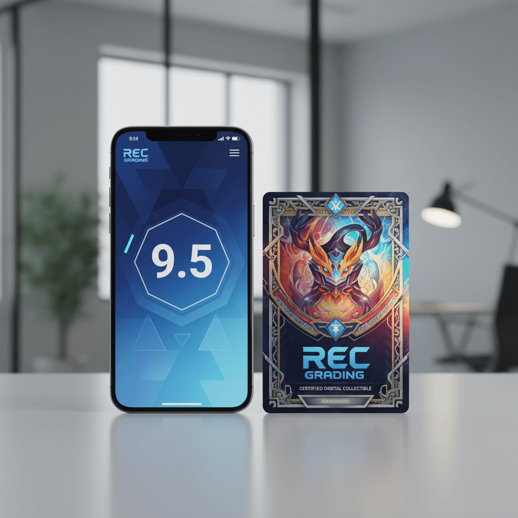 Smartphone showing REC grade 9.5 next to a colorful card in modern setting