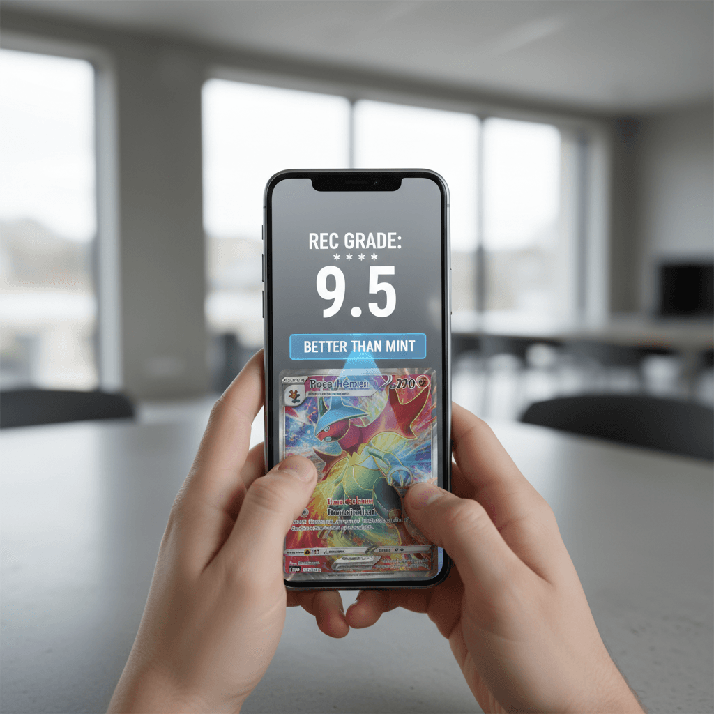 Person holding smartphone displaying REC grade 9.5 scanning a colorful card