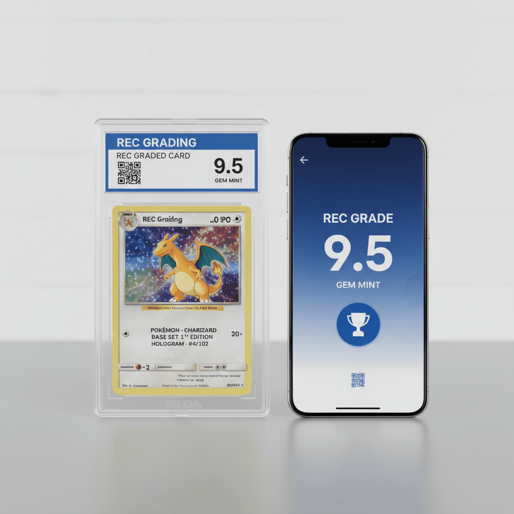 REC Graded Card slab with blue and white design, smartphone showing a digital grading score