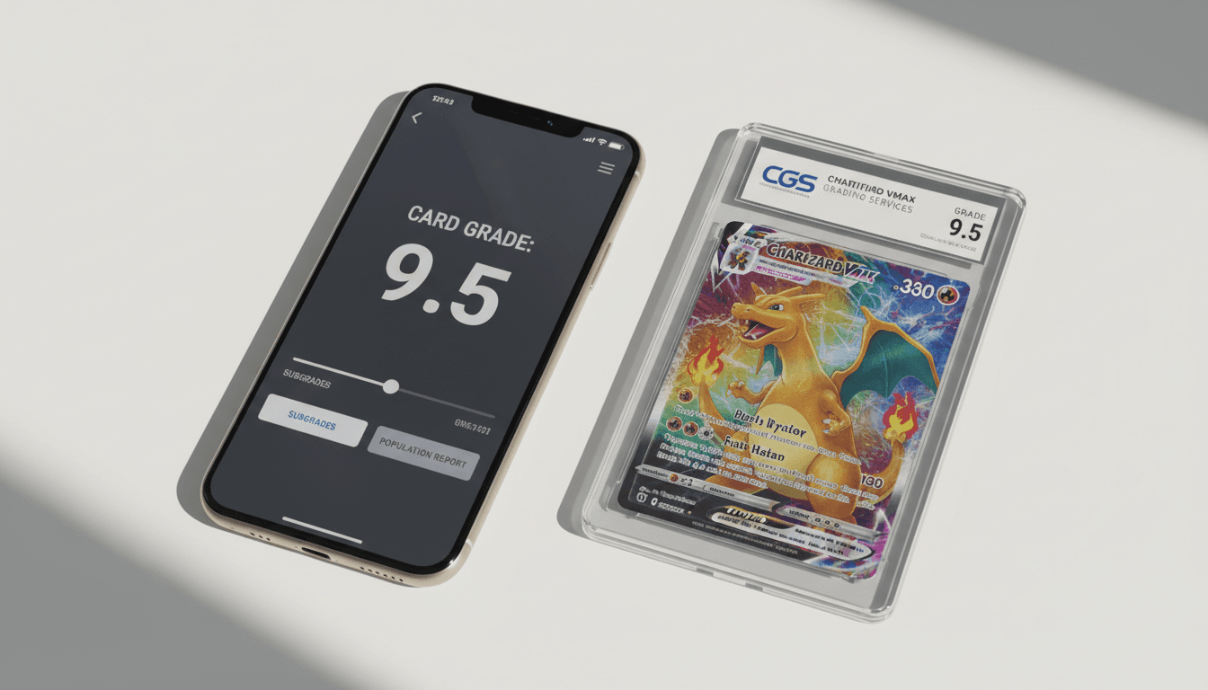 Smartphone showing REC Grading interface next to a Pokémon card