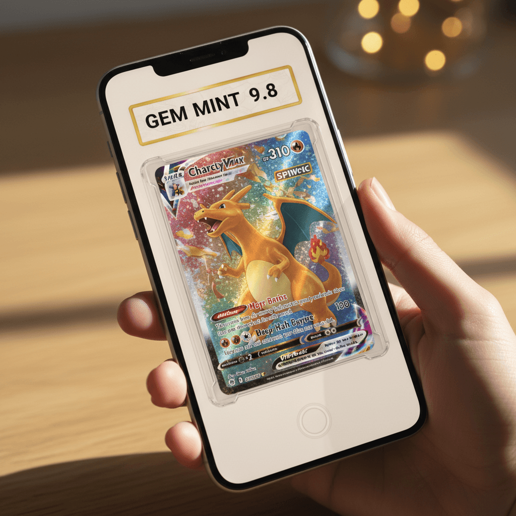 Smartphone displaying AI card grading on REC Grading app