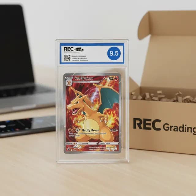 Graded Charizard Pokémon card in a slab, displayed on a desk next to a shipping box.